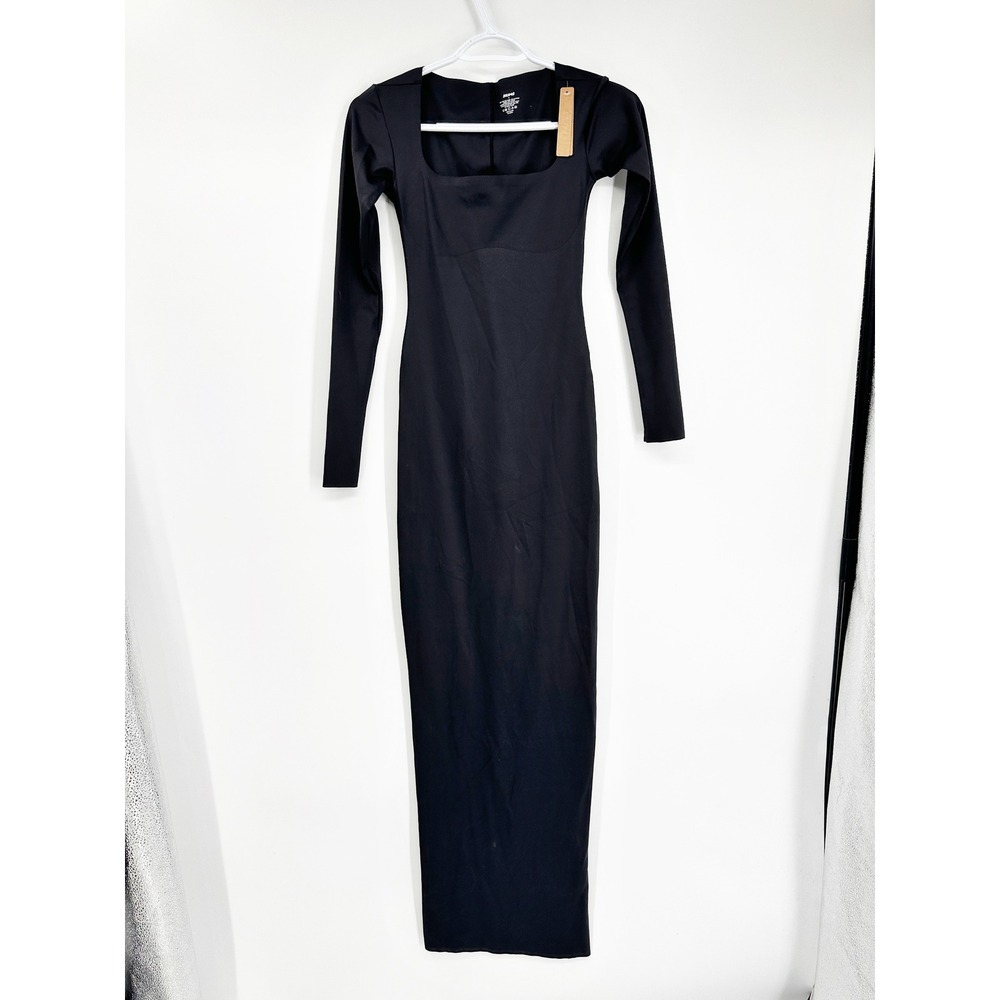 SKIMS Long Sleeve Square Neck Maxi Dress Small Onyx Bodycon